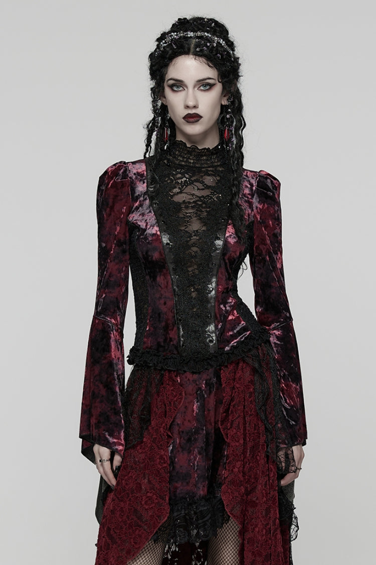 Crimson & Noir Long Flared Sleeve Paneled Lace-Up Gothic Blouse
