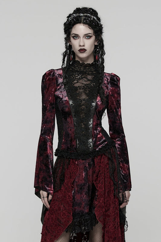 Crimson & Noir Long Flared Sleeve Paneled Lace-Up Gothic Blouse