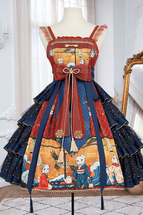 Azure Ukiyoe Feline Wave Print Strapless Layered Lolita Jumper Dress
