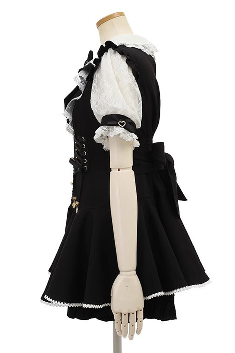 Jirai Kei Sweet Dress with Diamond Buckle, Heart Bow & Lace Faux Two-Piece