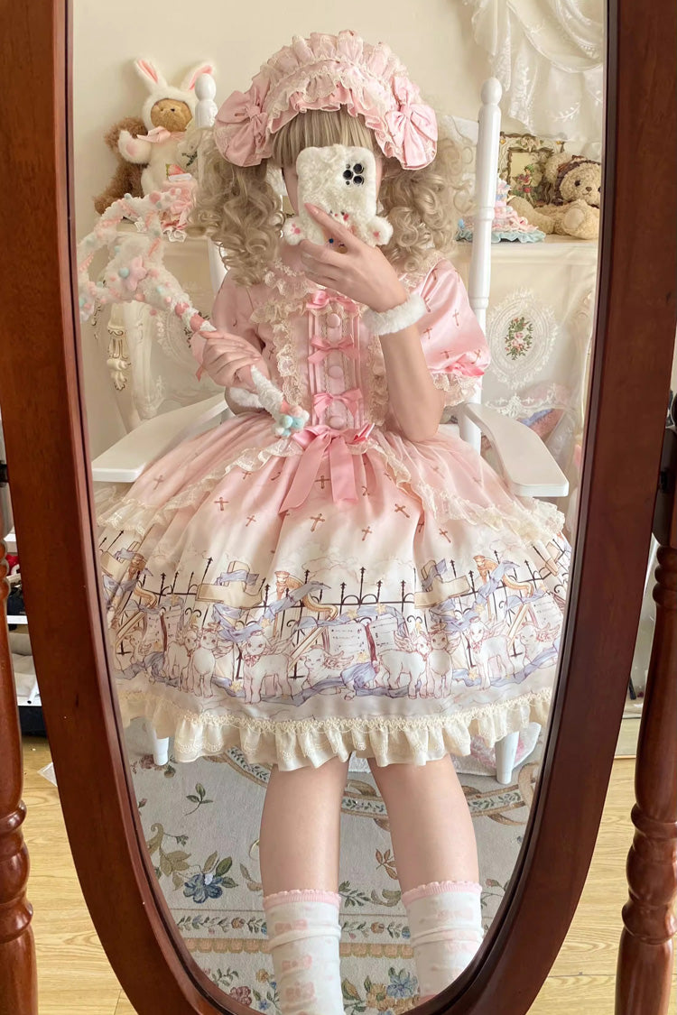 Angel Lamb Lapel Collar Short Sleeves Printed Ruffled Bow, Sweet Lolita Dress