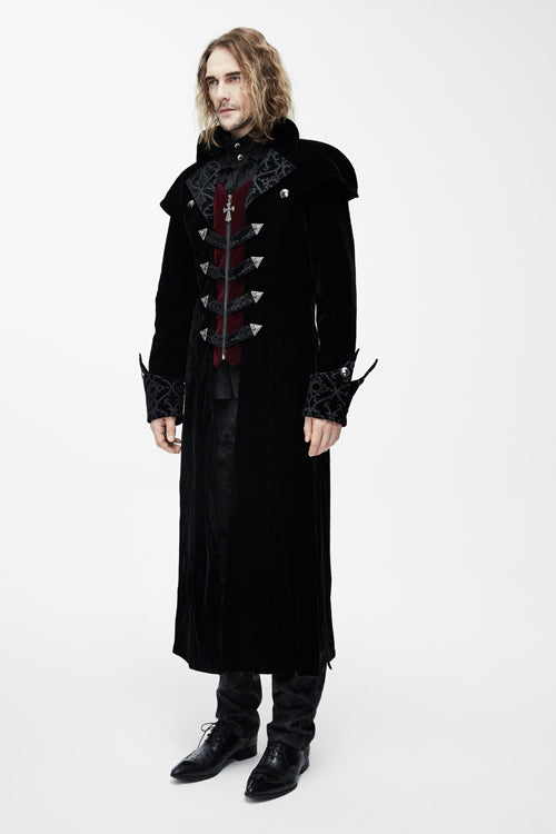 Black Patterned Shawl Collar Men's Velveteen Long Coat Gothic Western