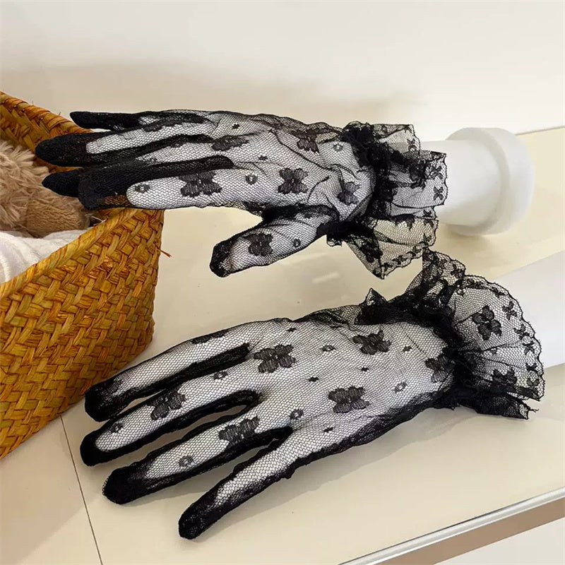 Lace Mesh Gloves with Butterfly Embroidery