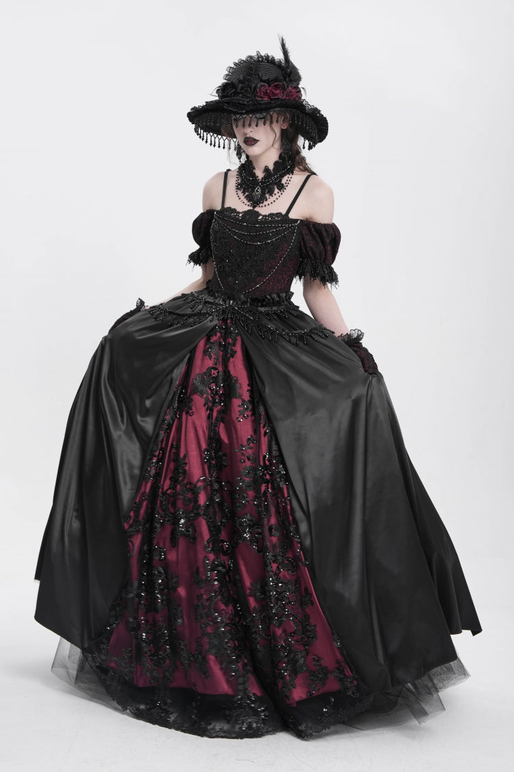 Crimson & Noir Off-Shoulder Embroidered Stitched Lace Gothic Dress