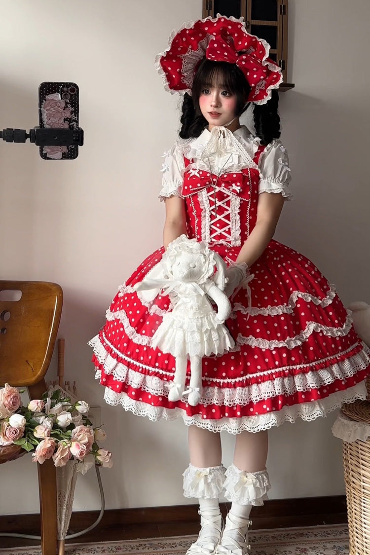 Ruby Polka Dot Ruffle Dress with Corset Lacing