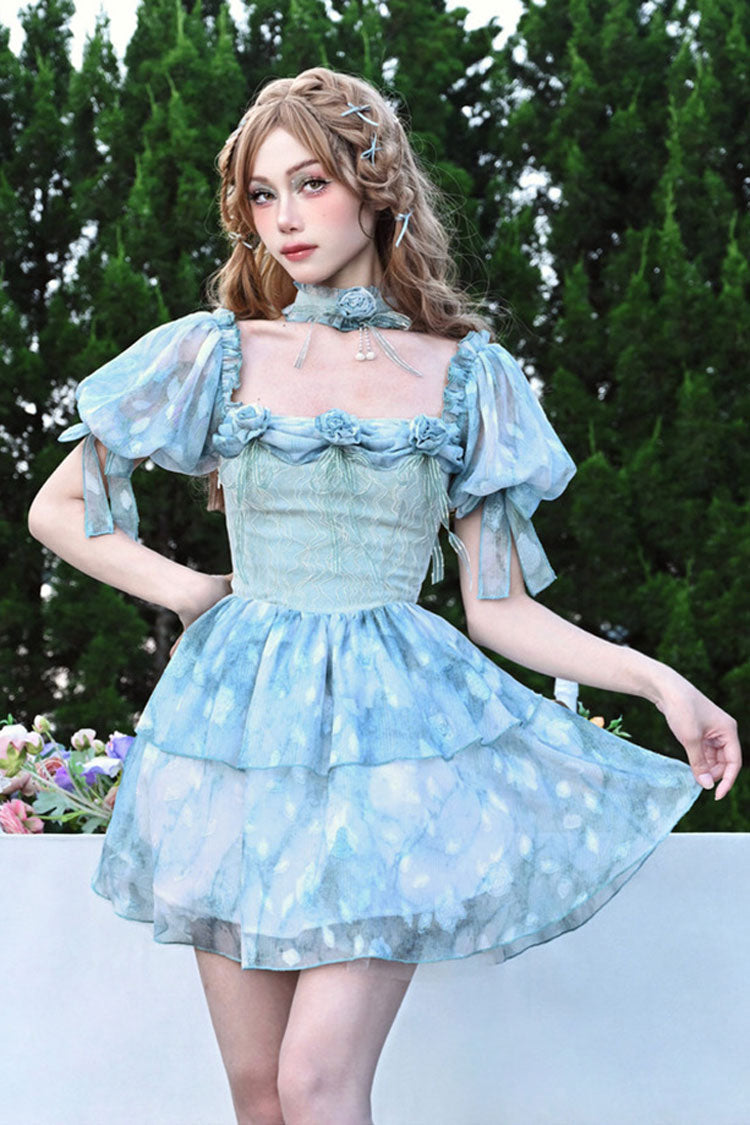 Azure Square Neck Short Puff Sleeve Multi-Layer Print Ruffle Tie-Dye Princess Lolita