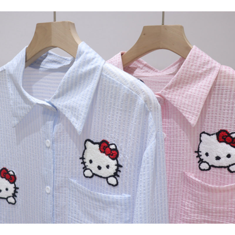 Chemise rayée à manches longues avec motif de chat de dessin animé KI551