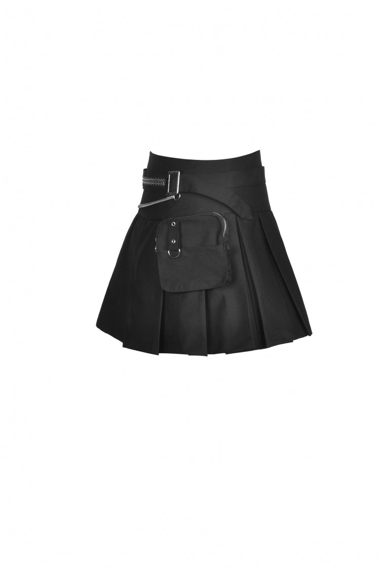 Jet-Black Chain-Trimmed Pleated Mini Skirt with Waistbelt