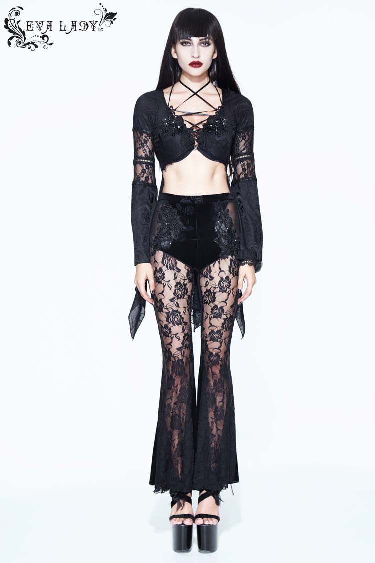 Transparent Mesh Long-Sleeve High-Low Lace Blouse