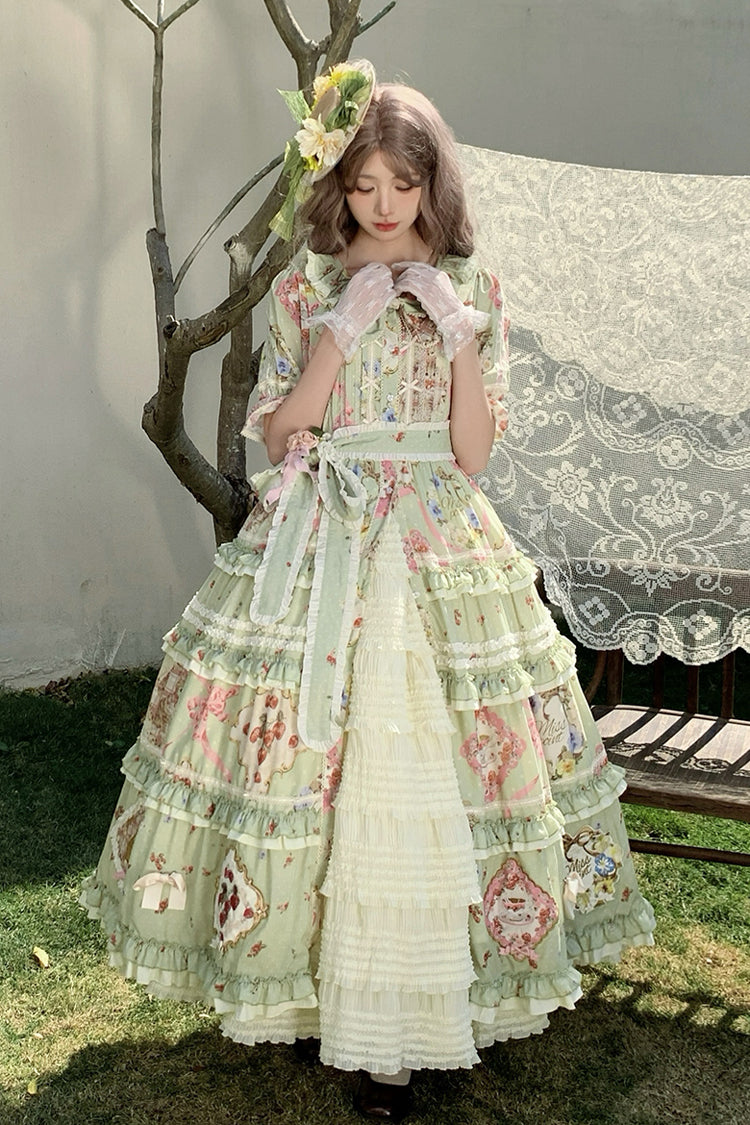 Emerald Cat Rose Tea Short Sleeve Printed Ruffle Cardigan Bow Sweet Lolita Gown