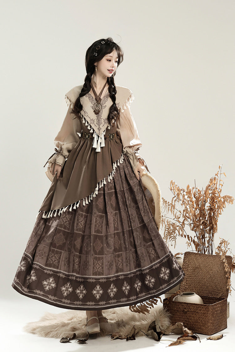Chinese Style Lolita Dress with Lantern Sleeves and Asymmetric Ruffle