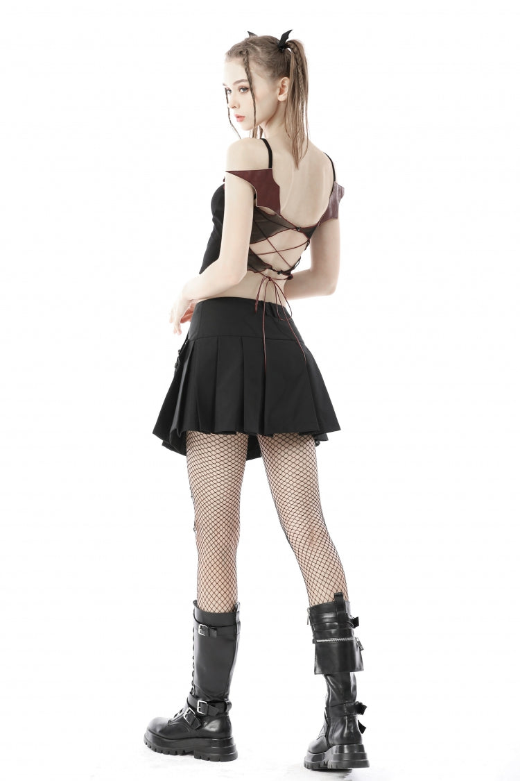 Women's Punk Rock Crop Top with Bat Wings, Backless Cut and Cross Lace-Up