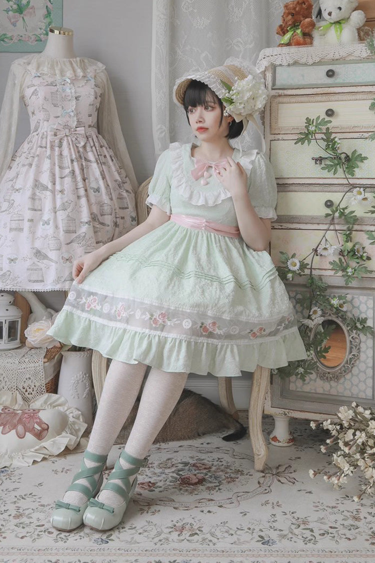 Emerald Short Sleeve Rose Print Ruffle Bow Sweet Lolita Dress