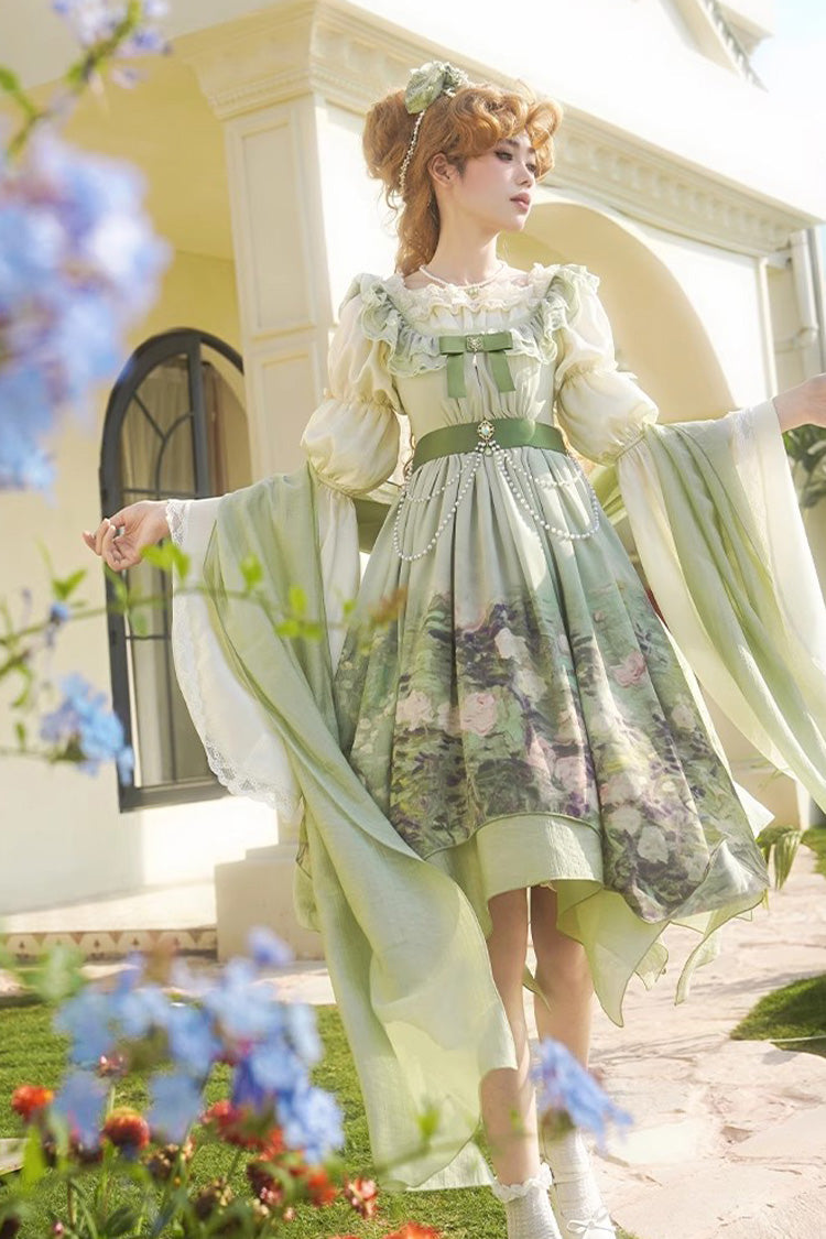Emerald Blooming Roses Oil Painting Chiffon Ruffle Bow Irregular Sweet Lolita Jumper