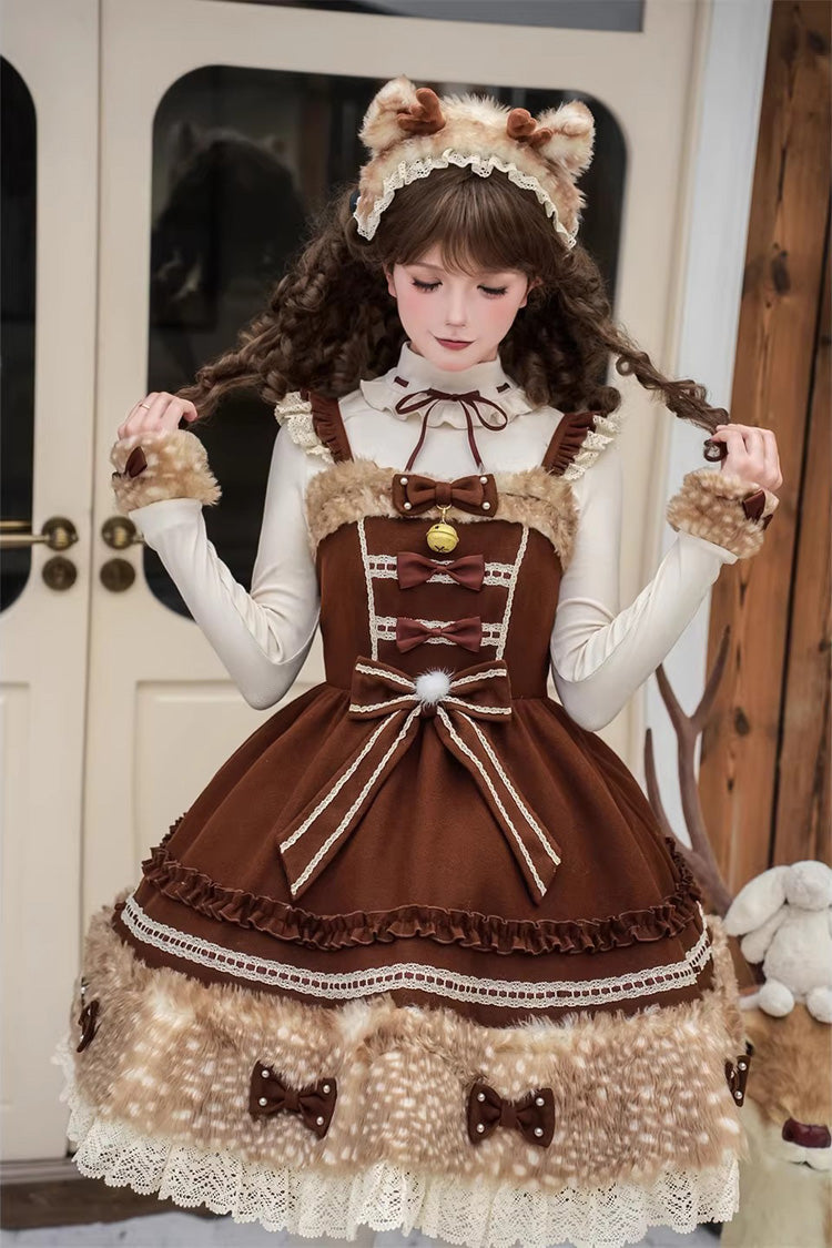 Chocolate Ruffled Bow Plush JSK - Hazelnut Moose