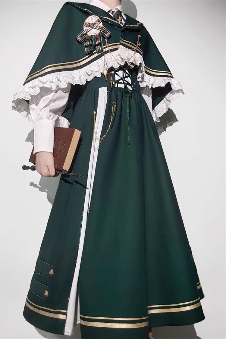 Emerald Time Traveler Print College Style Sweet Lolita Strap Gown 4 Piece Set