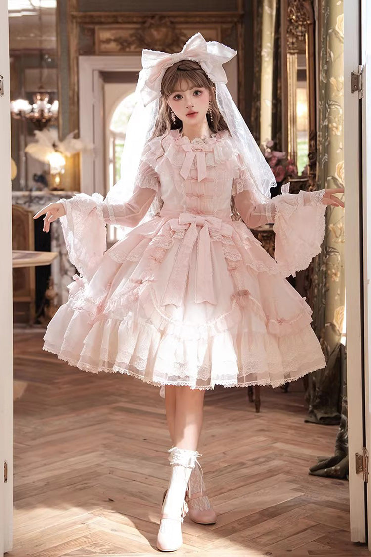 Candy Flavor Round Collar Short-Sleeve Ruffle Bow Lace Elegant Lolita OP