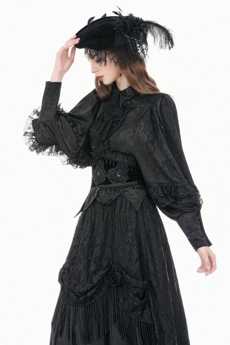 Rose Jacquard Bishop Sleeve Blouse with Tie - Gothic Edge