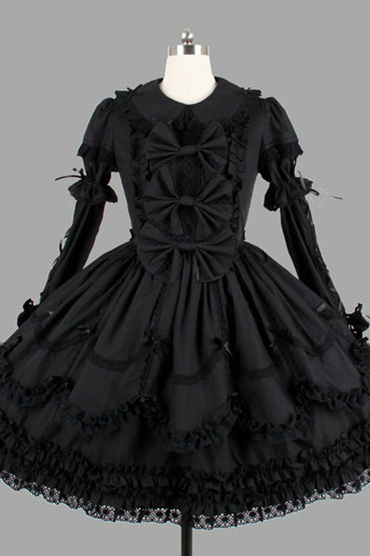 Knee-Length Gothic Lolita Dress with Multi-Layer Ruffles and Long Sleeves