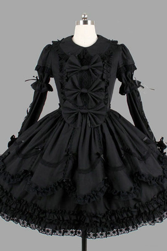 Knee-Length Gothic Lolita Dress with Multi-Layer Ruffles and Long Sleeves