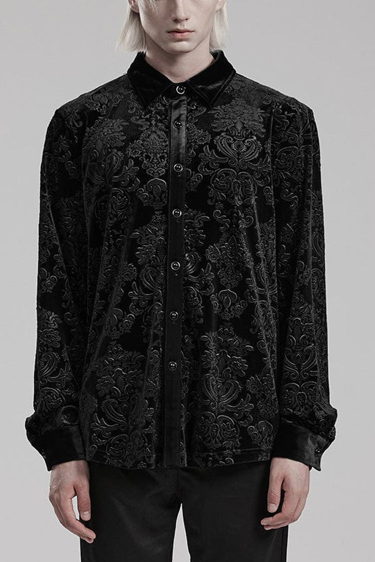 Gothic Men's Velvet Blouse with Embossed Print - Long Sleeve - Dual Colors