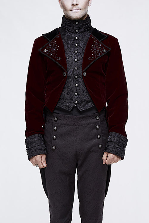 Wine Embroidered Rivet Dovetail Gothic Men's Coat