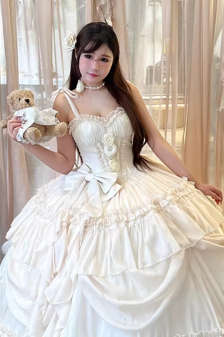 Antique Bride Sleeveless Multi-Layered Ruffled Bow Lace Sweet Elegant Gorgeous Full Skirt Lolita Jsk Dress