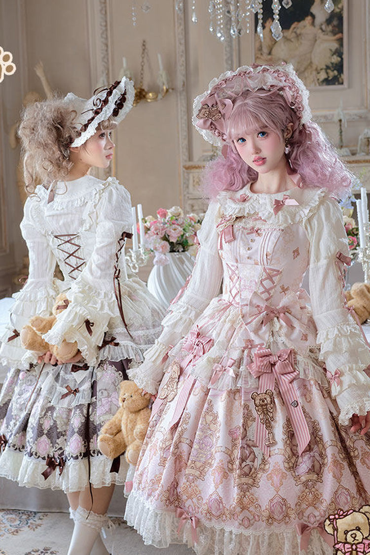 Antique Teddy Bear Sleeveless Printed Bow Lace JSK, Sweet Elegant Lolita