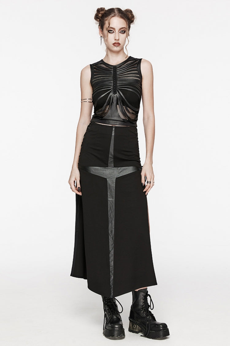 Women's Steampunk Skirt with Lace-Up Stitching and Cross Print