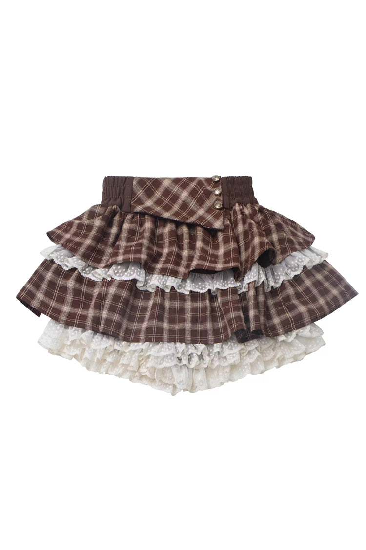 Sweet Lolita Skirt with Double-Layered Ruffles and Lace Splicing