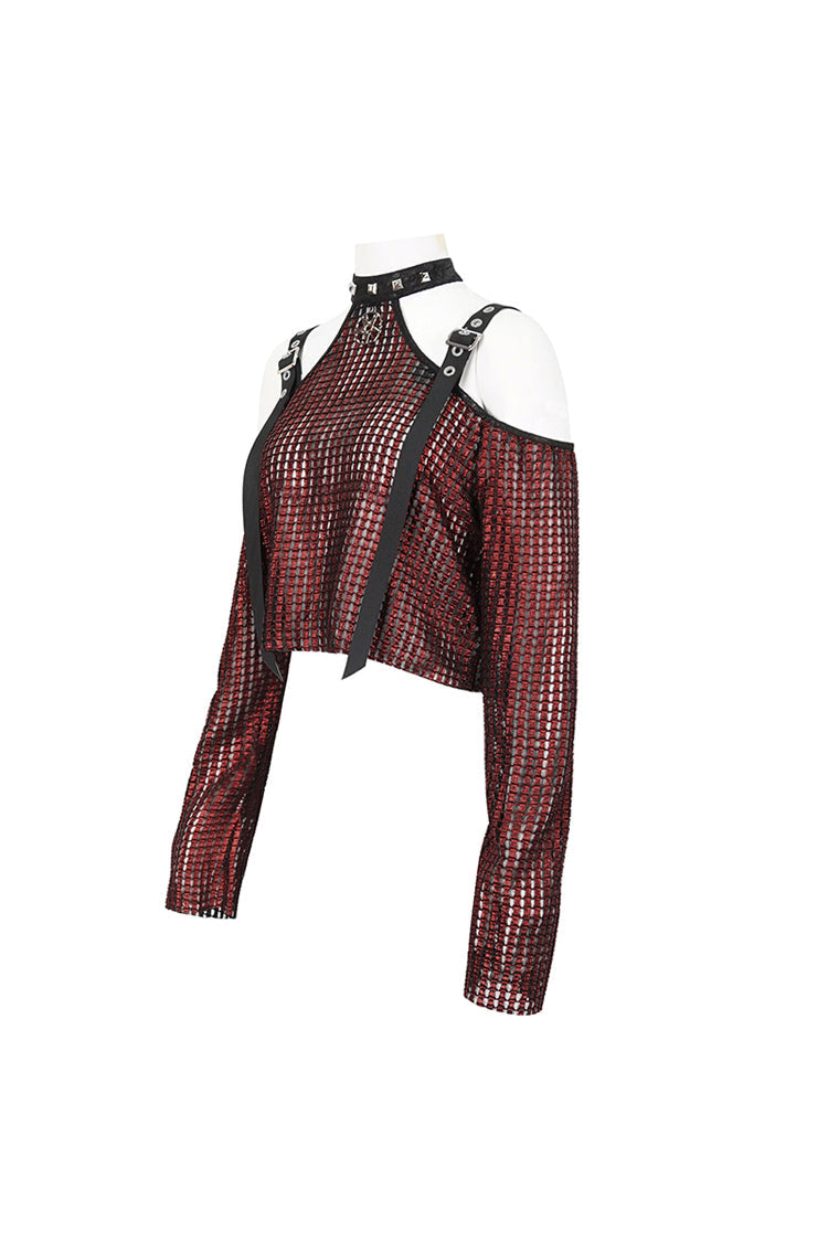 Crimson Gothic Crop Top with Buckle Details and Sheer Fabric