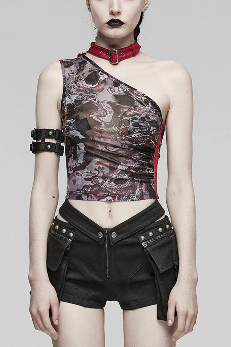 Women's Steampunk Halter Vest with Asymmetrical Off Shoulder, Sleeveless, Print in 2 Colors
