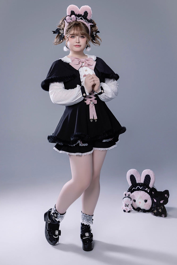Jirai Kei Long-Sleeve Lace-Up Set with Ruffle Bow and Plush Shorts, Japanese Style