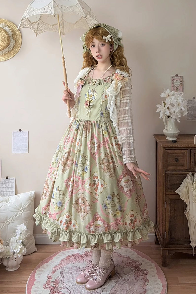 Emerald Cat Rose Tea Sleeveless Floral Ruffle Bow Sweet Lolita Jumper