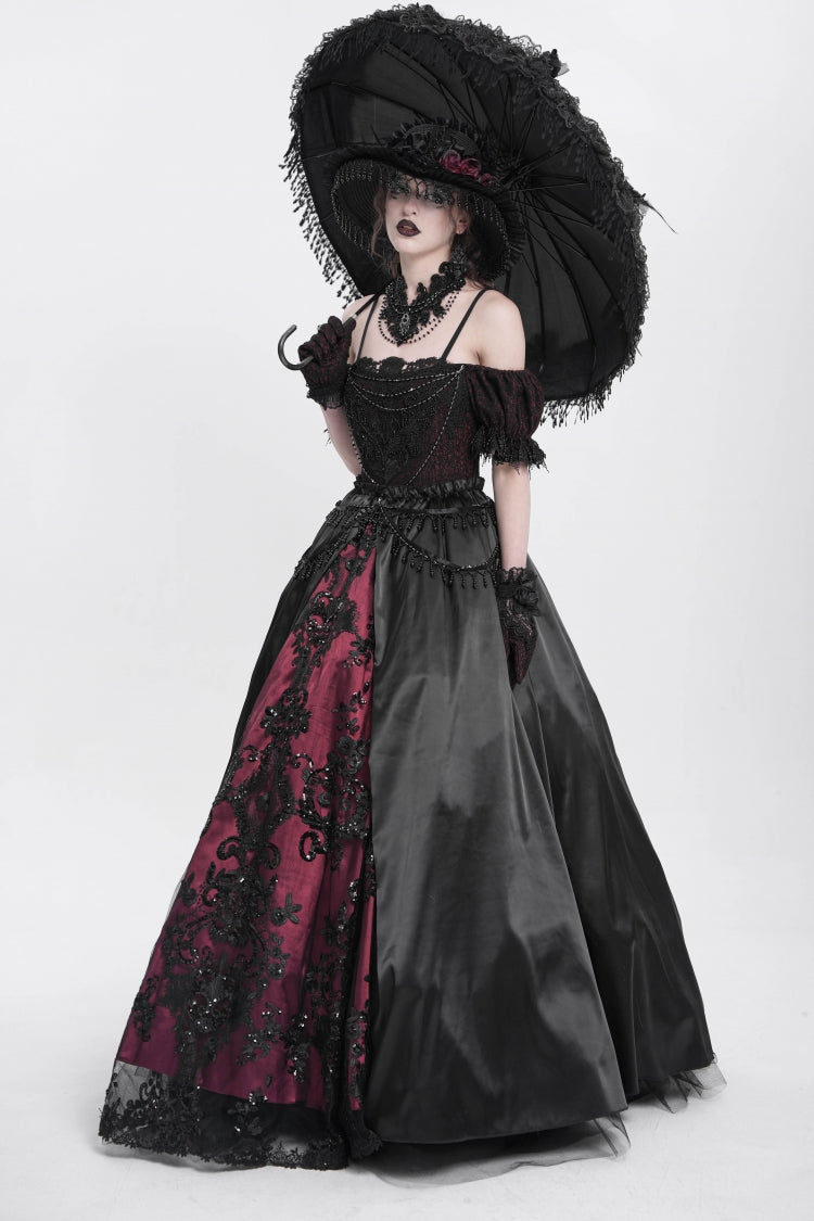 Crimson & Noir Off-Shoulder Embroidered Stitched Lace Gothic Dress