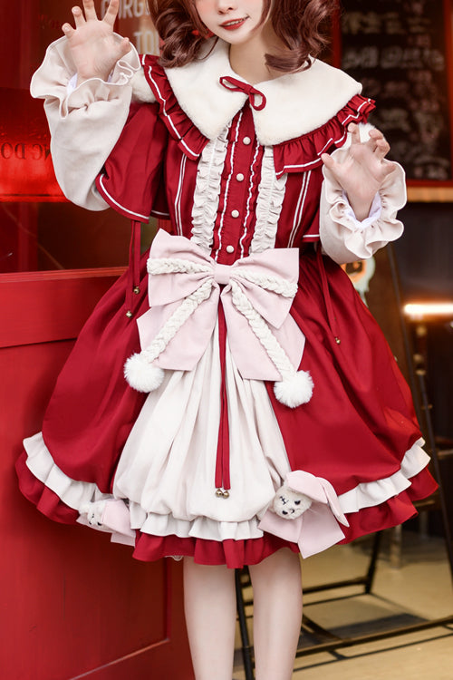 Scarlet Ruffle-Trimmed Peter Pan Collar Dress with Flared Sleeves