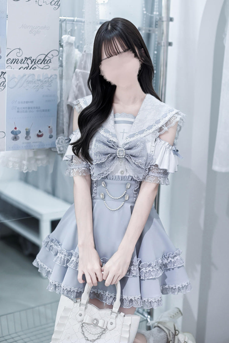 Apprentice Witch Off Shoulder Navy Collar Short Sleeves Ruffled Bow Lace Pearl Detail Classic Jirai Kei Japanese Skirt Set