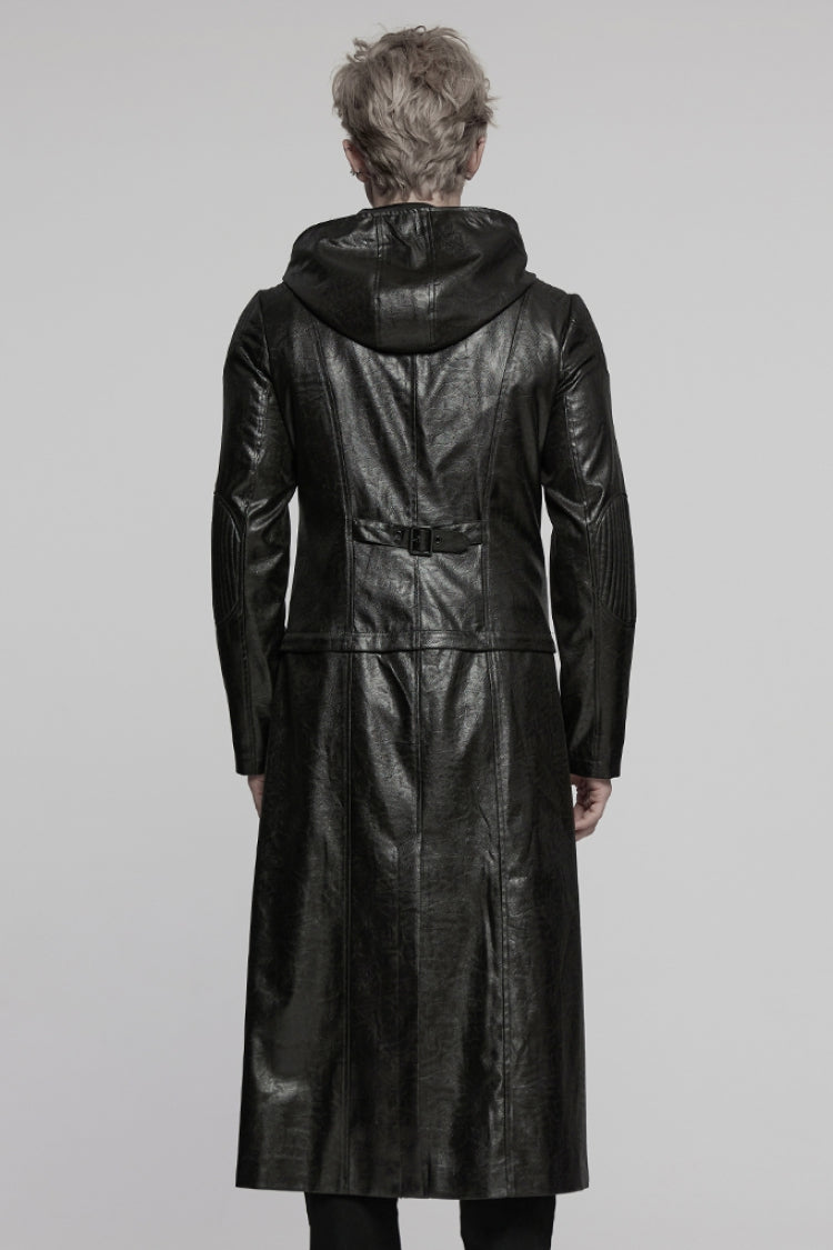 Men's Punk Coat with Ruched Faux Leather, Hooded and Detachable, Long Sleeve
