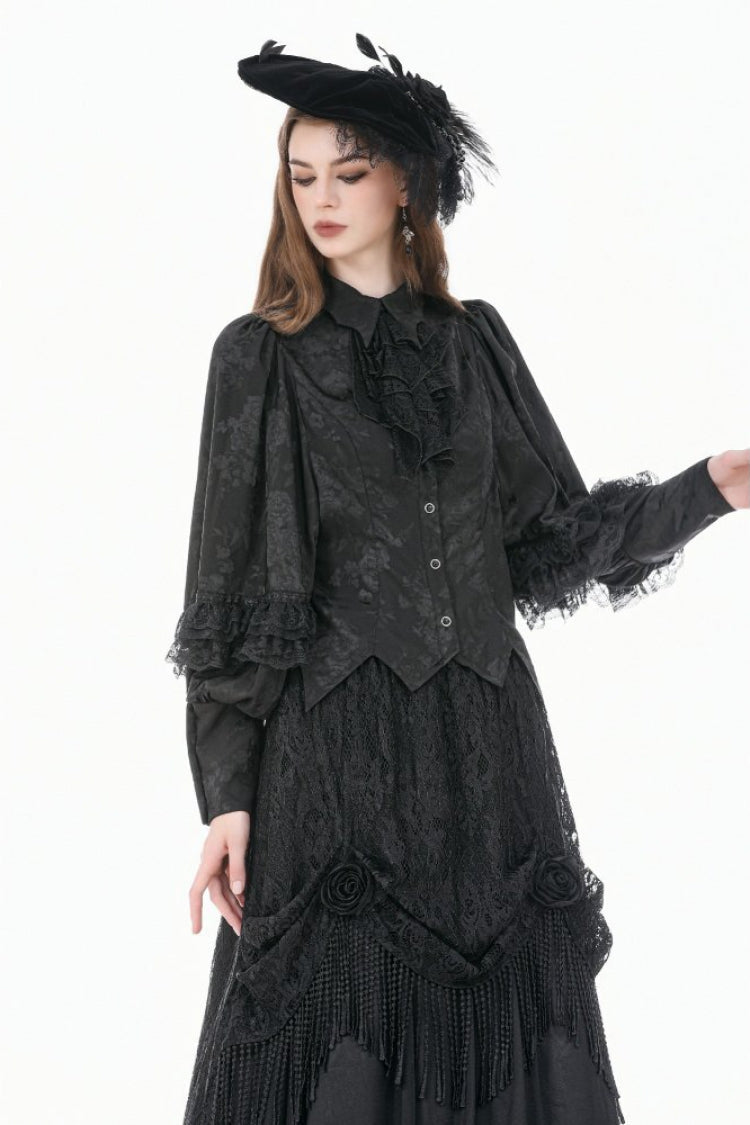 Rose Jacquard Bishop Sleeve Blouse with Tie - Gothic Edge