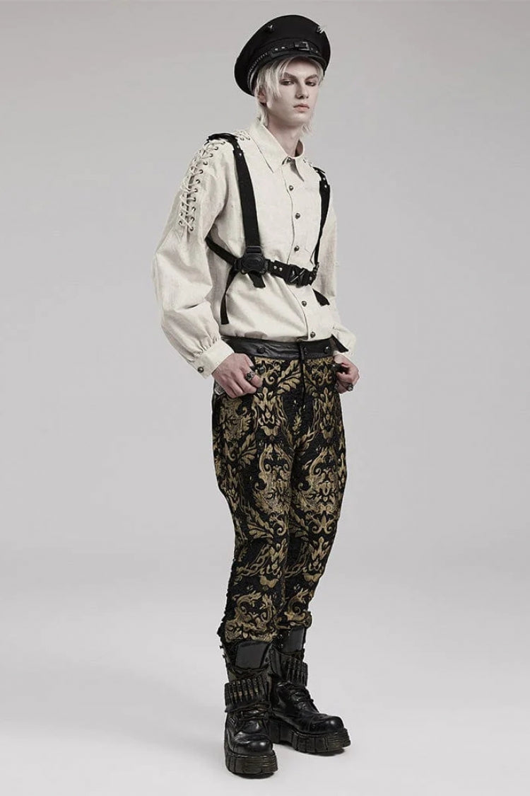 Gothic Men's Blouse with Puff Sleeves and Shoulder Straps - Two Shades