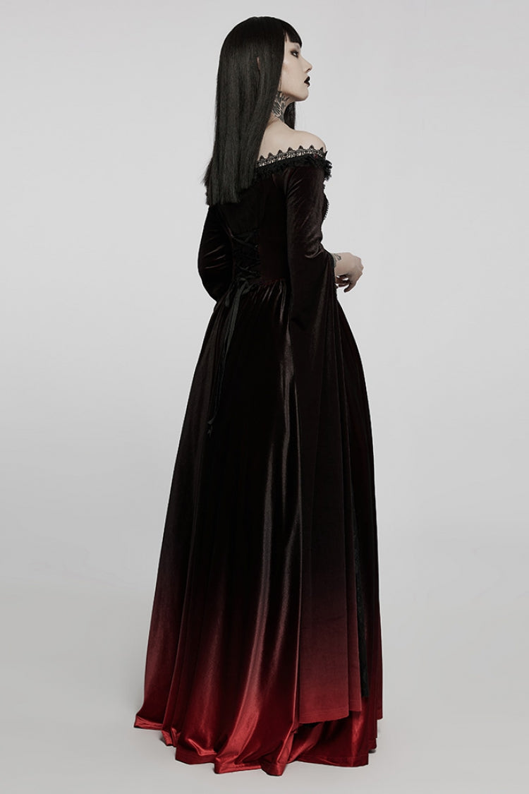 Crimson & Noir Off-Shoulder Long Flared Sleeve Ombre Lace Gothic Gown