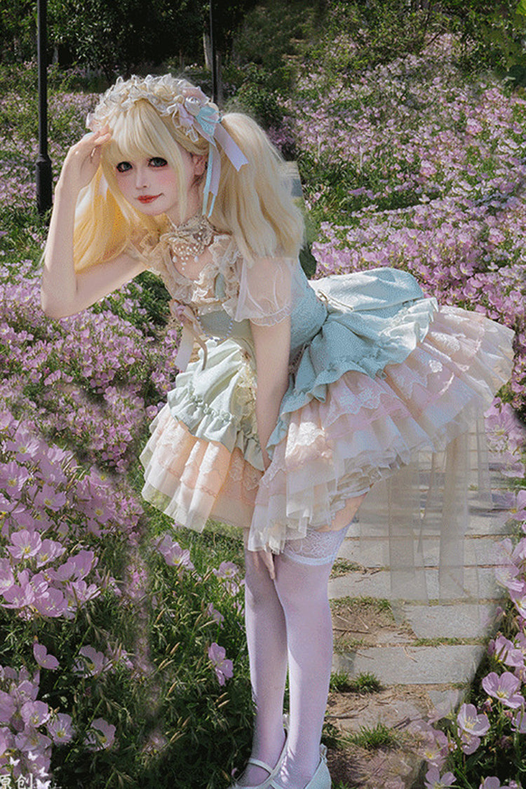 Emerald Sleeveless Multi-Layered Ruffle Bow Lace Lace-Up Sweet Princess Lolita JSK