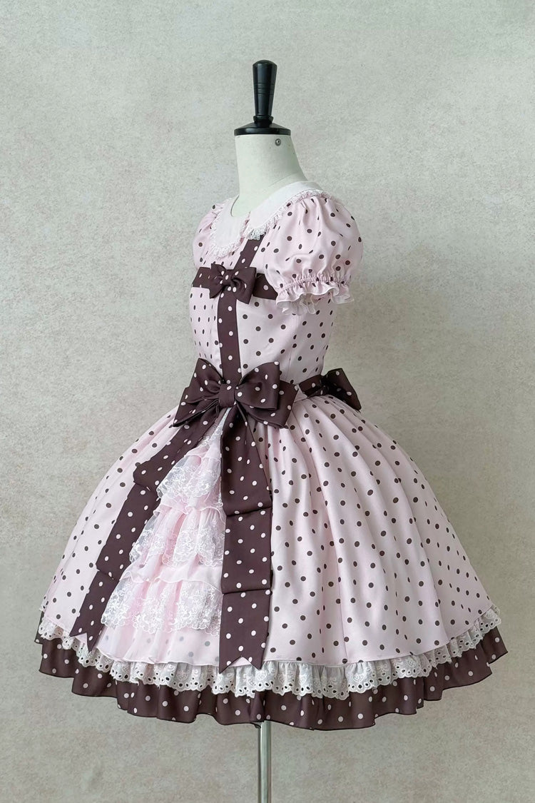 Canelé Gift Box Round Collar Short-Sleeve Polka Dot Ruffle Open Bow Asymmetric Lolita Dress V2