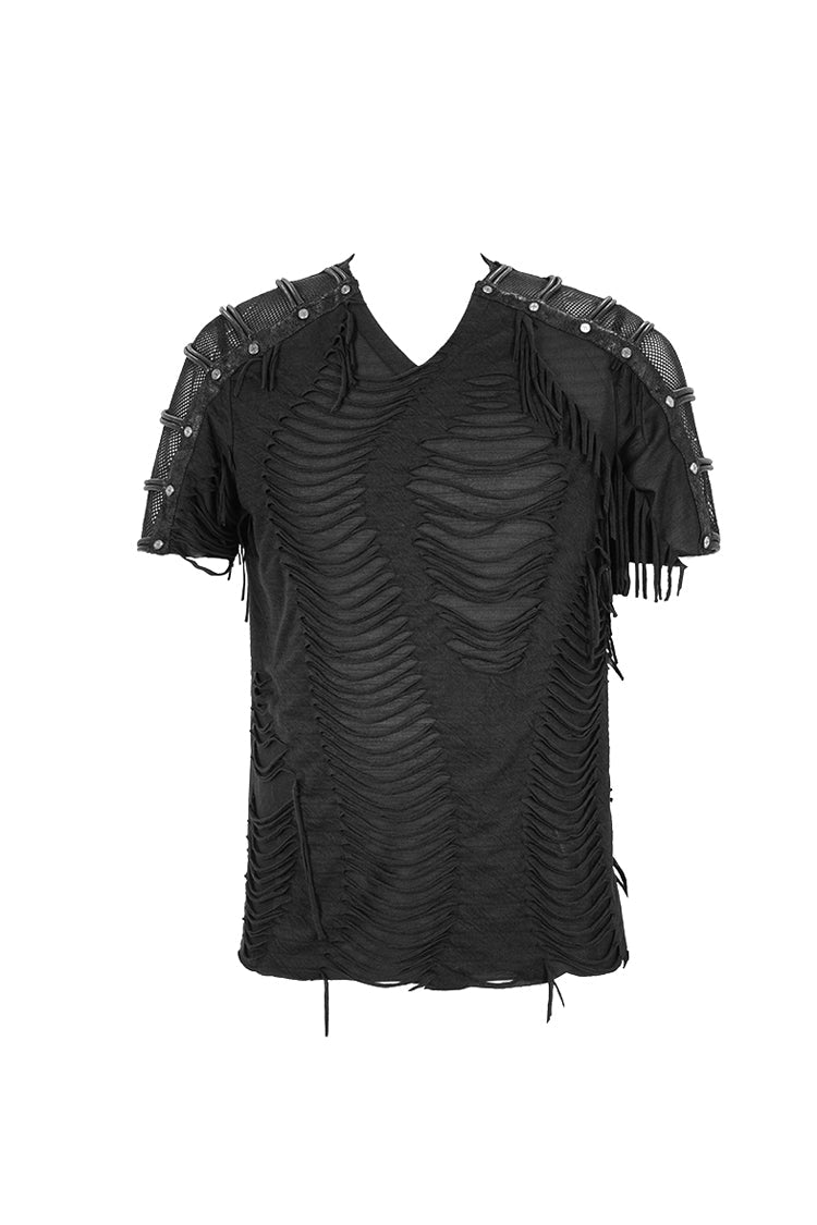 Punk T-Shirt with Tattered Stripes and Mesh Sleeves