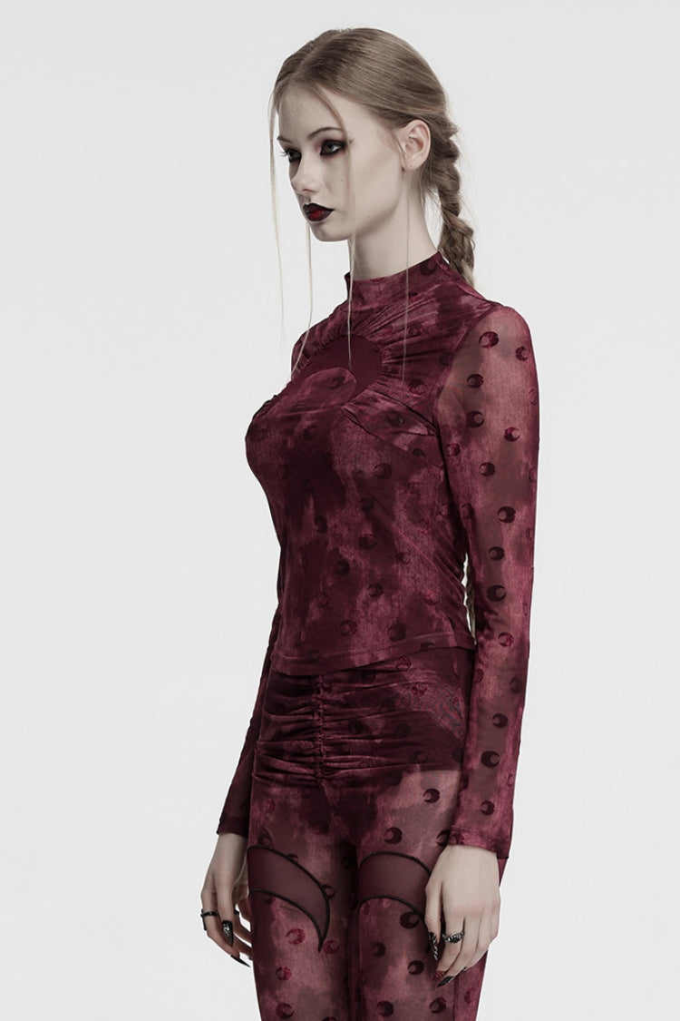 Crimson Gothic Blouse with Moon Print and Ruched Mesh