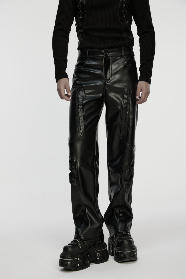 Men's Punk Faux Leather Trousers with Eyelets and Zip - Noir
