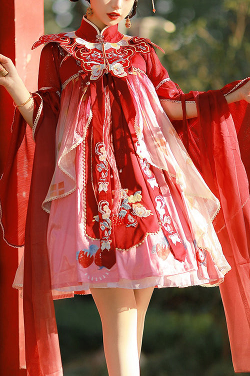 Scarlet Strawberry Print Hanfu Dress with Embroidered Shawl