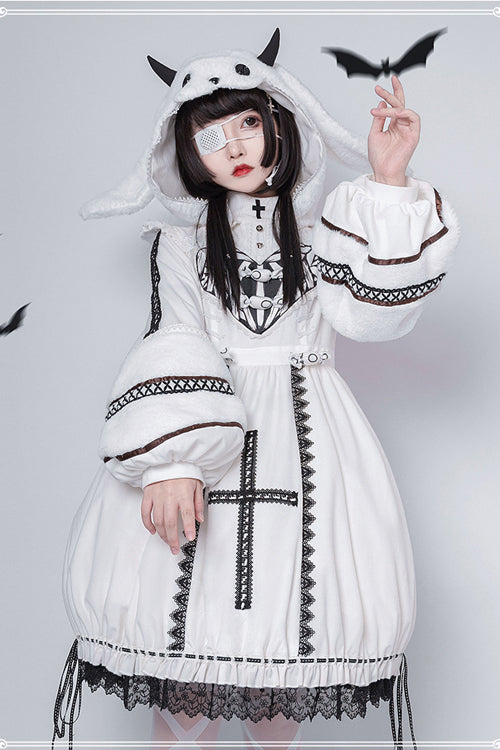 Gothic Lolita OP Dress with Detachable Hat, High Neck, Woolen Cuffs, Demon Rabbit