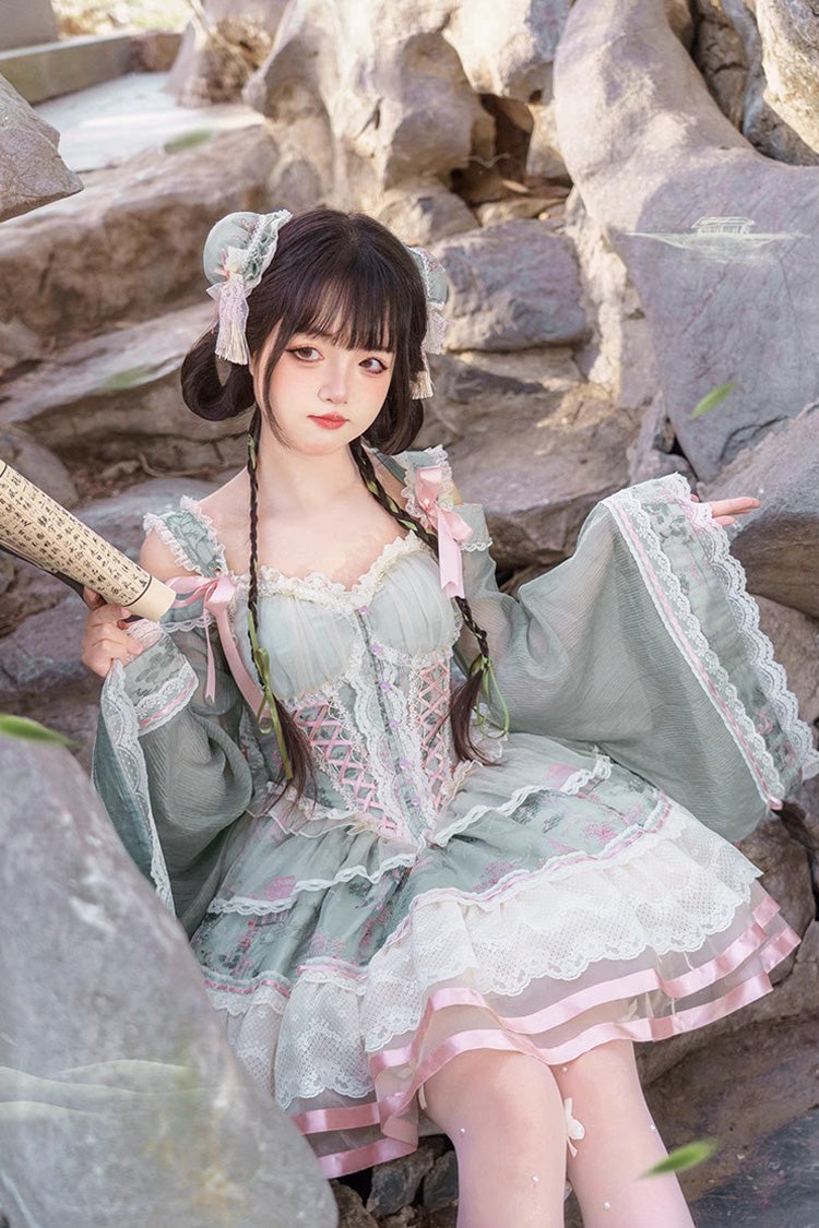 Emerald Waltz Multi-Layer Print Ruffle Bow Sweet Chinese Elegant Lolita Jumper