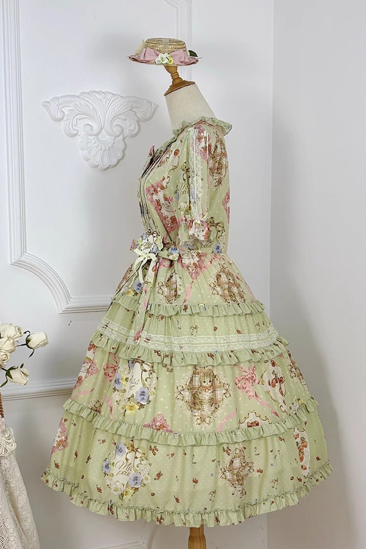 Emerald Cat Rose Tea Short Sleeve Printed Ruffle Cardigan Bow Daily Lolita Gown